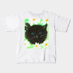 Funny black cat with flowers Kids T-Shirt